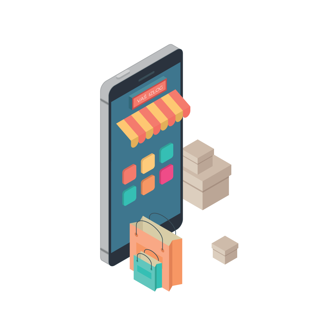 Ilustracija mobilnog telefona iz kojeg izlazi internet prodavnica sa kesama i kutijama